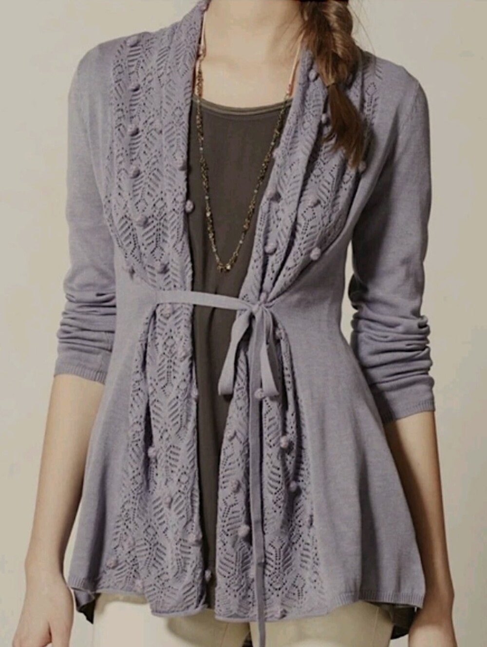 Knitted & Knotted For Anthropologie Open Crochet Cardigan Selt Tie Otmeal XL - Picture 13 of 13